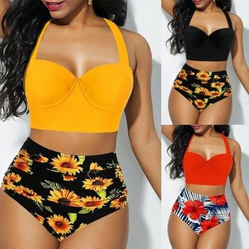 Women Sunflower High Waist Bikini Set Swimsuit Bathing Suit Swimwear Beachwear Fashion Sexy Slim Sleeveless Lady Two-Pieces Suit