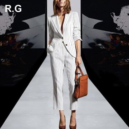 RG Elegant OL Work to Wear Blazer Jacket Pants Suit Women Stripe White Office Ladies Suits 2 Piece Set Female Spring 2018