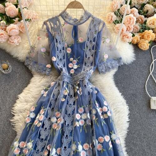 Slim A-Line Dress Elegant Harujuku Clothes Vestidos Women New Fashion Round Neck Short Sleeve Mesh Embroidery Hook Flower