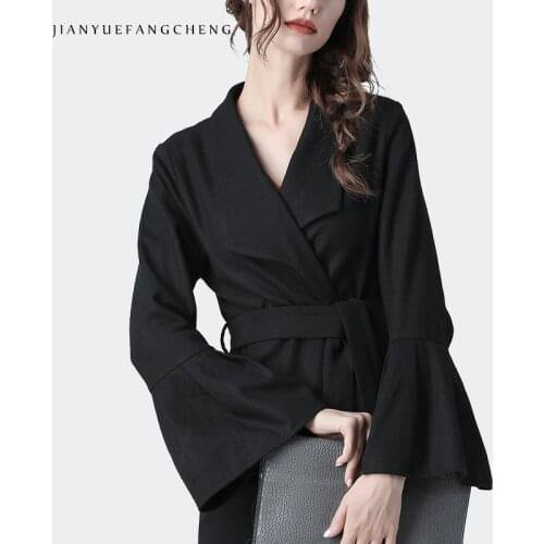 Women Wool Coat Flare Sleeve V-Neck Belt Lace-Up Warm Thicken Winter Coats Plus Size High Waist Elegant Office Ladies Coats