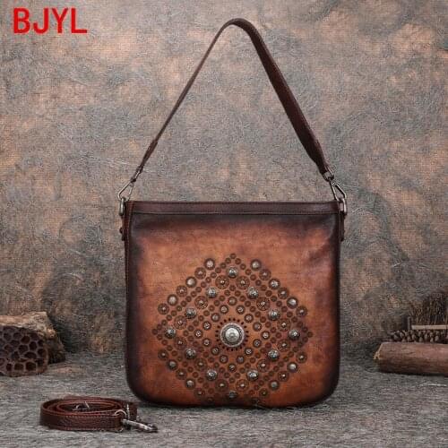 2020 original literary leather women shoulder bag niche retro rivet leather female messenger bag handmade soft leather tote bags