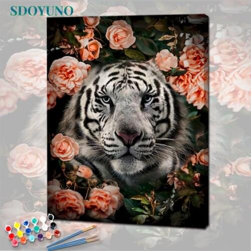 SDOYUNO 40x50cm Acrylic Paint By Numbers Tiger And Flowers Oil Painting By Numbers On Canvas Animals Frameless DIY Home Decor