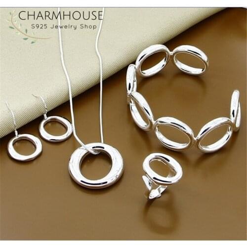 Charmhouse Pure Silver Jewellery Set Round O Pendant Necklace Bracelet Ring Earrings 4pcs Wedding Jewelry Set Birthday Gifts