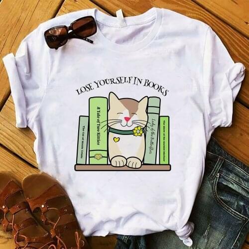 Lose Yourself In Books Library Cat T-Shirt Cute Kitty Readers Shirt for Student Teacher Book Lovers 100% Cotton Top Tees