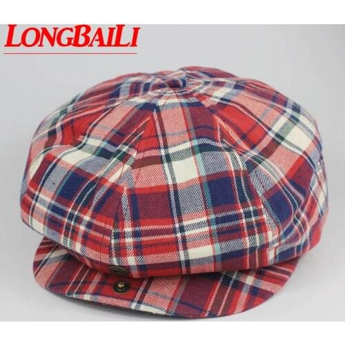 Red Plaid Octagonal Hats For Men Leisure Beret Caps Newsboy Caps Flat Top Hats Free Shipping PBFE007