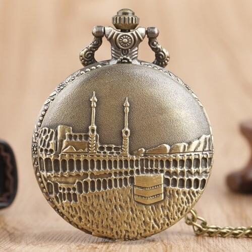 Classic Castle Building Quartz Pocket Watch Bronze Antique Necklace Pendant Chain Women Men Watches Birthday Reloj De Bolsillo