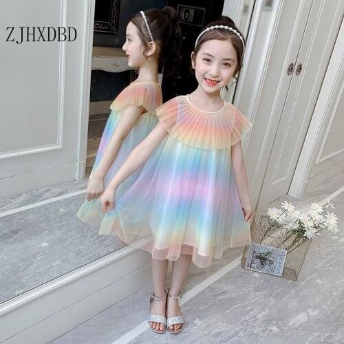 Summer New Product Korean Rainbow Dress Childrens Clothing 2020 Cotton Cute Girl Pink Orange Lace Mesh Kids Clothing Dresses