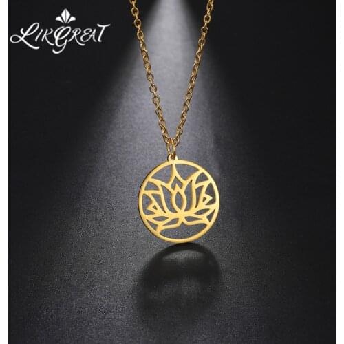 LIKGREAT Lotus Flower Pendant Necklace for Women Stainless Steel Round Charm Necklace Link Chain Buddhism Vintage Jewelry collar