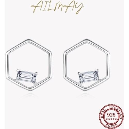 Ailmay 925 Sterling Silver Simple Geometric Polygon Line Fashionc Earrings Clear CZ For Women Girls Party Accessories Jewelry