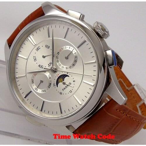 44mm Parnis Automatic Mens Watch Silver dial hands marks Moon Phase date indicator multifunction week display leather strap