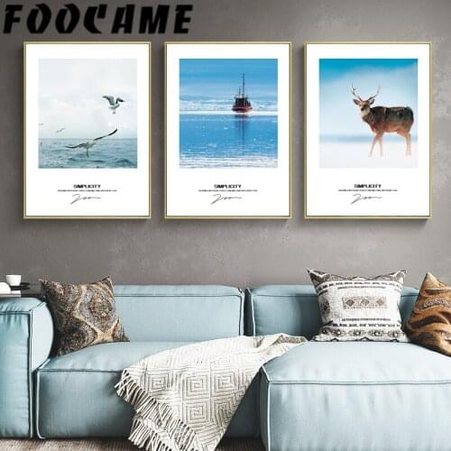 FOOCAME Sea Deer Landscape Nordic Posters and Print Seascape Wall Art Canvas Painting Living Room Modern Home Decoration Picture