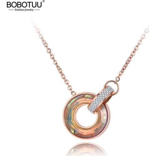 BOBOTUU Titanium Stainless Steel Double Circle Clay CZ Crystal Choker Necklaces Bohemia Pendant Chain Necklace For Women BN19060