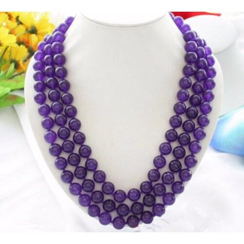 NEW Beautiful 3 Rows 8mm Round Purple Natural Beads Necklace 18-20"AAA earring set