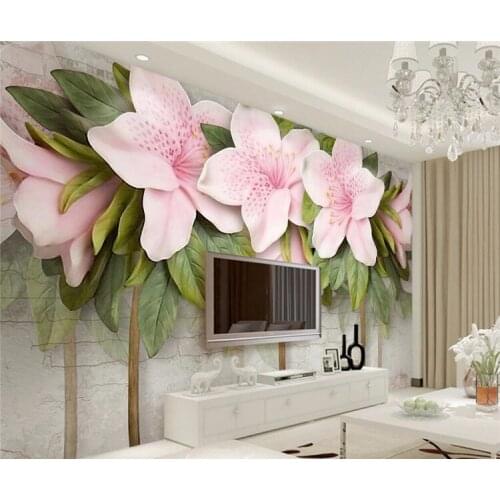 Custom Photo Wallpaper Mural Wall Stick 3D Stereo Pink Flower Leaf Brick Wall TV Background Wall papel de parede