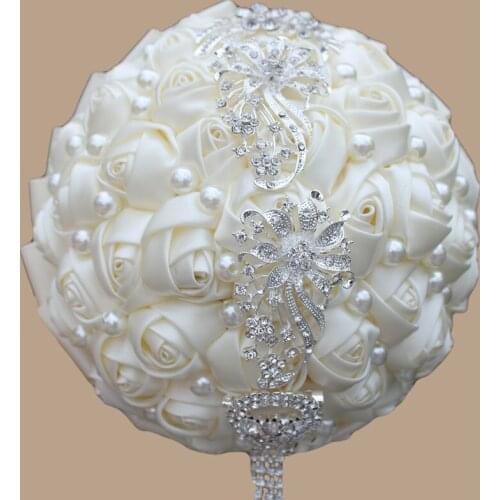 Luxury Bridal Bridemaids Bouquet Ivory Satin Rose Flowers Rhinestone Brooch New Wedding Bouquets Floral Handmade Holding Flower