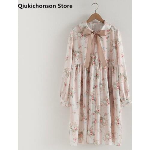 Spring Autumn Women Long Sleeve Dresses Teen Girl Kawaii Bow Collar Rose Print High Waist Chiffon Floral Dress Lolita jurk dames