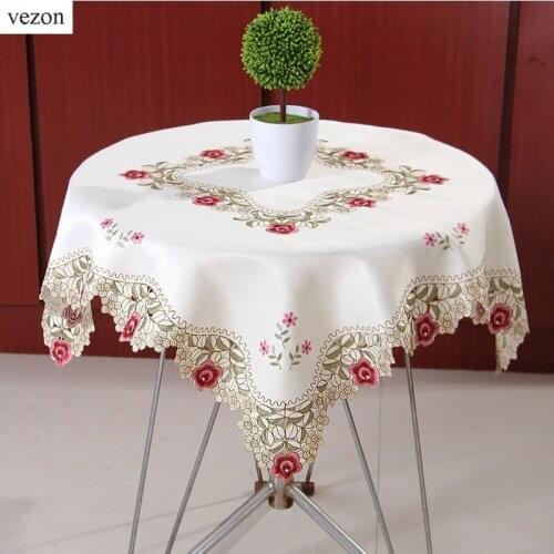 Vezon Europe Hot Sale 83x83cm Elegant Polyester Embroidery Floral Tablecloths Cutwork Towel Embroidered Table Cloth Topper Home