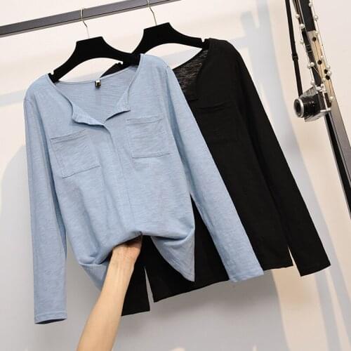 Black Blue Long Sleeved Plus Size Korean Autumn Elegant Fashion Blouses And Tops WomenS Oversize T-Shirt Clothing 2021 Female
