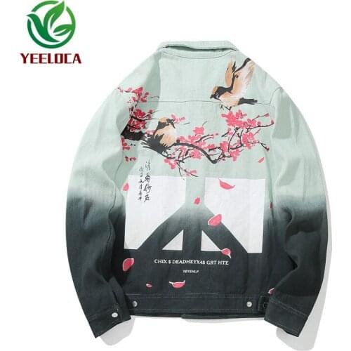 2019 Autumn Winter Dropshipping Bird Anti-War Flower Denim Jacket Color Gradient Hip Hop Rock Gothic Windproof Jacket