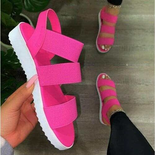2021 Summer Women Shoes Sandals Ladies Solid Color All-Match Hollow Elastic Band Buckle Bottom Female Casual Flats Plus Size