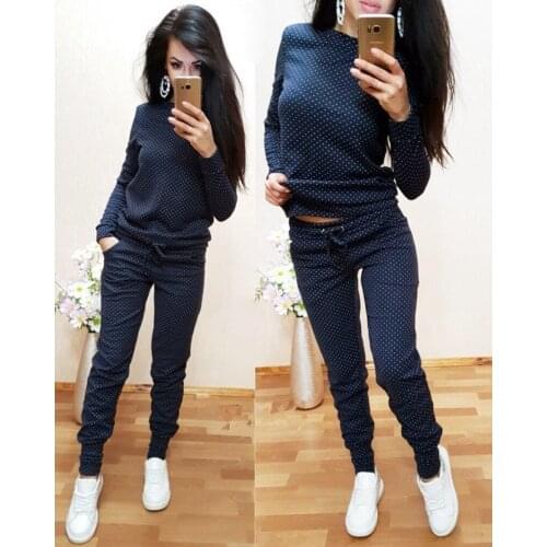 2019 Tracksuits Full O-neck Rushed Hot Sale Cotton Spring Female Fashion Leisure Wave Point Sweatershirt + Trousers 2 Sets