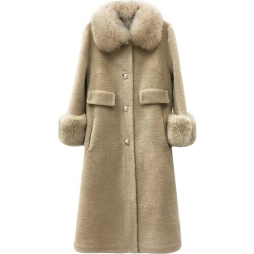 2021 Women Winter Real Genuine Granule Sheep Shearling Fur Coats Real Fox Fur Collar Sleeve Overcoats True Fur Outwear