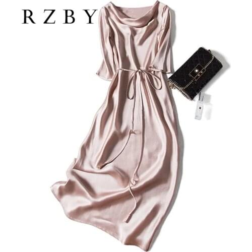 Sexy Silk Spaghetti Half sleeve Lace-up Summer Dress Women Satin Long Dress Elegant Party Dresses Plus Size RZBY098