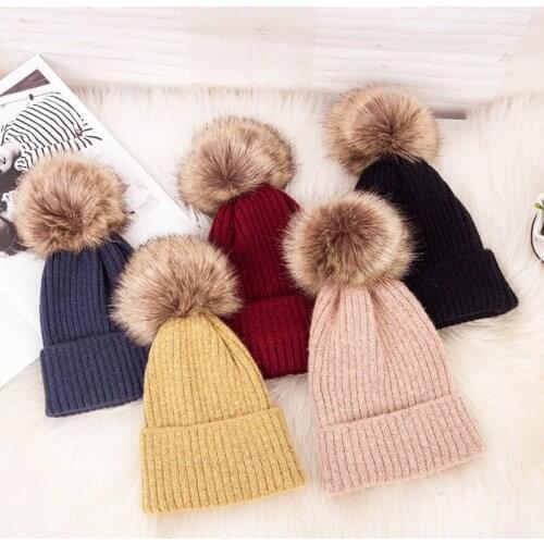 Winter Warm Women Hat Cute Big Pompom Ladies Girl Fur Ball Knitted Hat Cap Outdoor Casual Ski Snow Caps Beanies