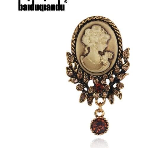 Baiduqiandu Brand new arrival vintage retro style cameo brooches for women in antique gold color plated