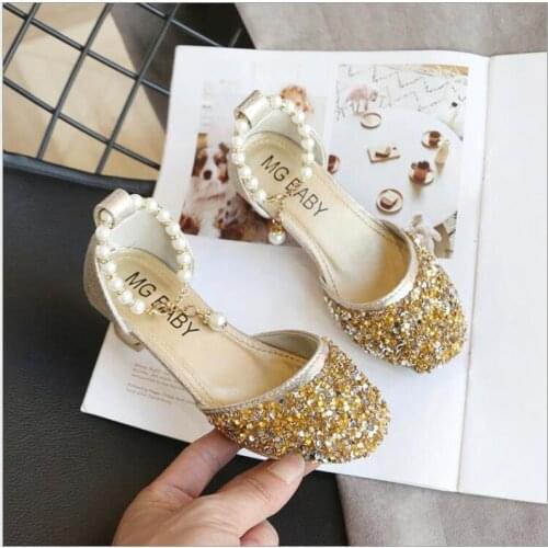 Glitter Little Girl Heels Bow Sandals 2020 Big Kids Shoe For Children Summer Leather Sandals 3 4 5 6 7 8 9 10 11 12 13 Year Old