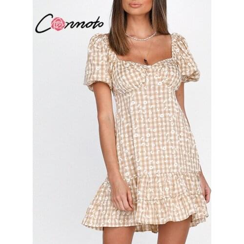 Conmoto Yellow Plaid Daisy Print Square Neck Sundress Short-sleeved High-waist Summer Short Dresses 2021 Puff Sleeve Women dress