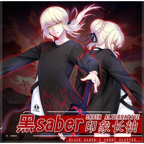 Game Fate Grand Order Saber Cosplay T-Shirts Black Anime Patterm Long Sleeve Top Unisex Autumn Fake 2pcs Shirt