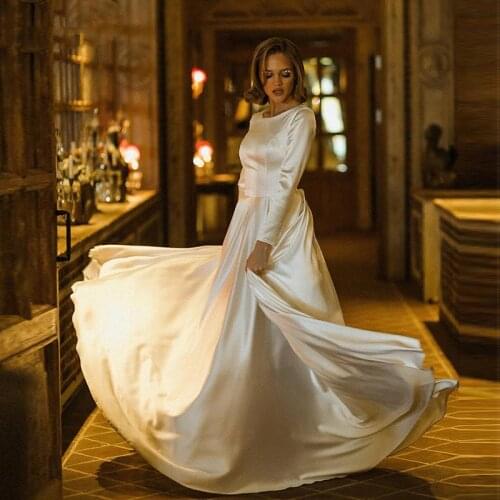 Long Sleeves Satin Wedding Dresses Scoop Lace Up Back Vintage Simple Mariage Gowns A-Line Cheap Customized Vestidos