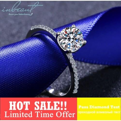 Inbeaut 925 Silver Perfect Cut Extremely Sparkling 1ct 10 Heart&Arrow Stone Ring Pass Diamond Test Round D Color Moissanite Ring