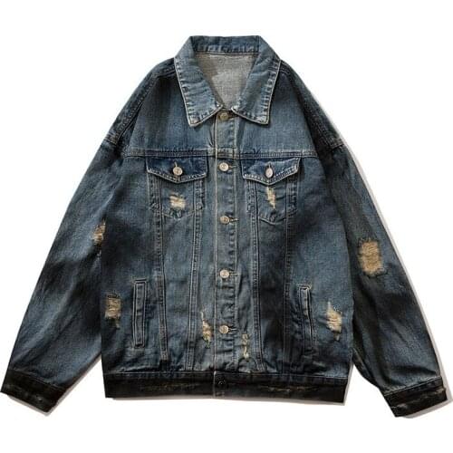 ERENEJIAN Mens Hi Street Oversized Ripped Denim Jacket Streetwear Distressed Jeans Coat Outerwear With Holes Letter Printed