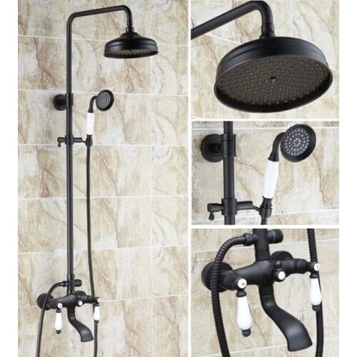 Oil Rubbed Brass Wall Mounted 8" Rain Bathroom Rainfall Shower Faucet Set with Hand Spray Shower Head Bath Tub Mixer Tap 2hg142