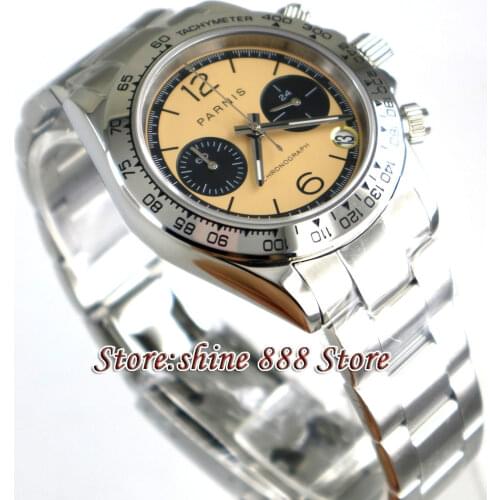 39mm PARNIS Beige dial sapphire glass date full Chronograph quartz mens watch
