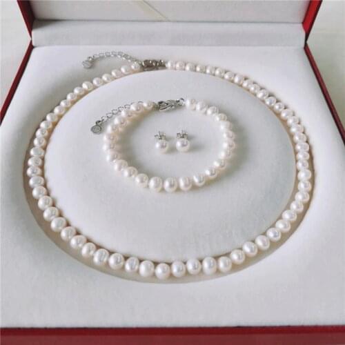 DAIMI Freshwater Pearl Set 6-7mm Natural Thread Pearl Jewelry Near Round Pearl Jewelry Sets For Women Gift