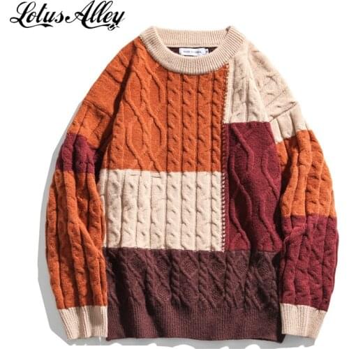 Autumn Winter Vintage Patchwork Knitted Sweater Korean Style O Neck Mens Knit Jumper Harajuku Baggy Sweater Streetwear Knitwear