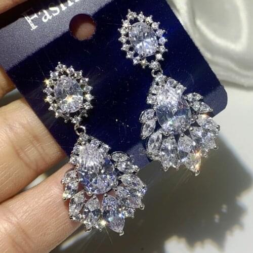 Luxury Jewelry 925 Sterling Silver Water Drop White AAAAA Cubic Zircon Crown Earring Party Women Wedding Dangle Earring Gift