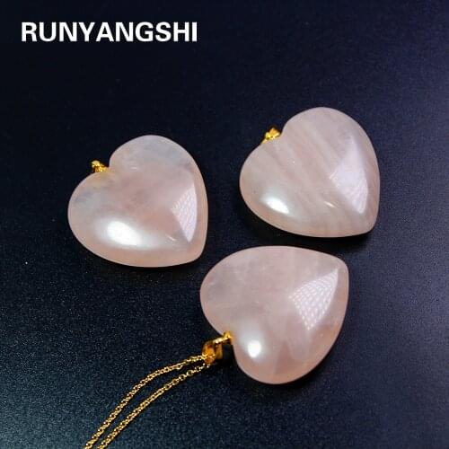 Runyangshi 1 pc Natural Rose Quartzs GemStone Bead pink crystal Heart Gold Plated Reiki stone Chakra Pendant Necklace