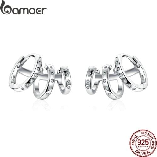 BAMOER Ear Cuff Genuine 925 Sterling Silver Punk Tirple Circle Hoop Earrings for Women Ear Clips Chic Fashion Jewelry BSE085