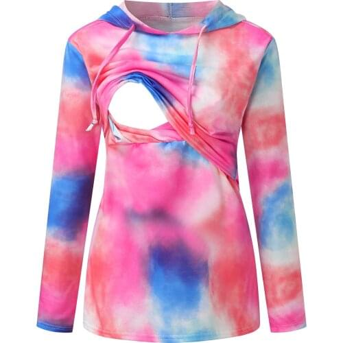Maternity Tops Women Maternity Comfy Breastfeeding T-Shirt Mom Pregnant Nursing Baby Maternity Tie-Dye Hooded Tops Clothes