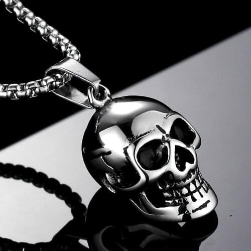 Vintage Punk Mens Hip-hop Plated Gold Skull Pendant Necklace Stainless Steel Chain Male Necklace Jewelry on The Neck Halloween