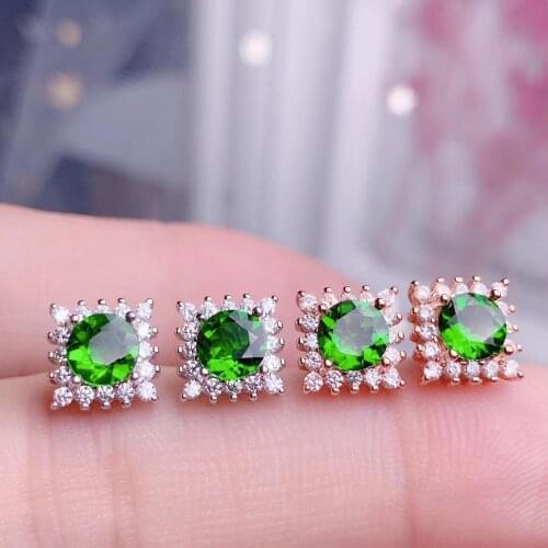 Natural green diopside stud earrings 925 silver Natural gemstone earring women elegant simple round square woman party jewelry