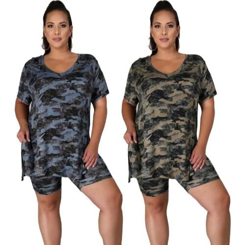 Summer Plus Size Women Clothing Two Piece Set Camouflage Loose Tops and Pant Suits Loungewear Tracksuit Wholesale Dropshipping