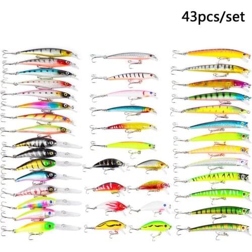 43pcs Fishing Lures set Mix Colors Size Weight Minnow Popper Crank Lures Hard Bait Fishing Artificial Bait Pesca Fishing Tackle