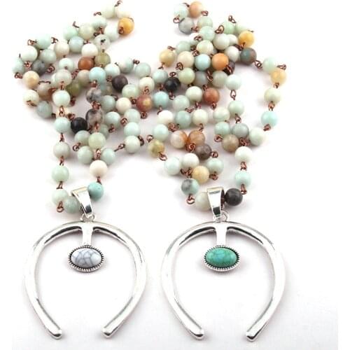 Free Shipping Bohemian Jewelry Amazonite Stones Rosary Chain U Charm Pendant Necklace For Women Ethnic Necklace