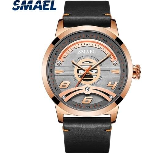 SMAEL Quartz Fashion Mens Watch Rose Gold Dashboard Design Waterproof Automatic Update Date Leather Bracelet