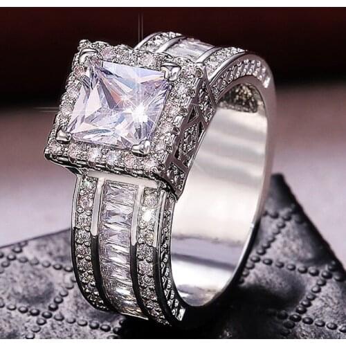 Elegant Silver Color Inlaid White Cubic Zircon Rhinestone Crystal Female Metal Ring for Wedding Engagement Jewelry Size 6-10